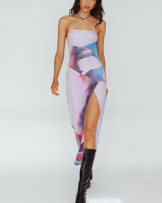 Plum One Strap Mesh Midi Dress Print
