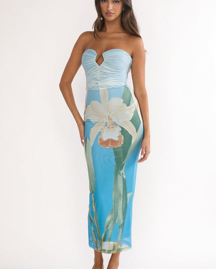 Blue Strapless Midi Dress Orchid