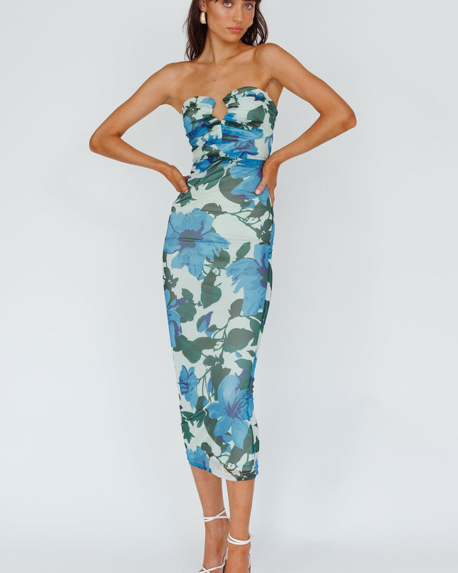 Blue Strapless Midi Dress Floral
