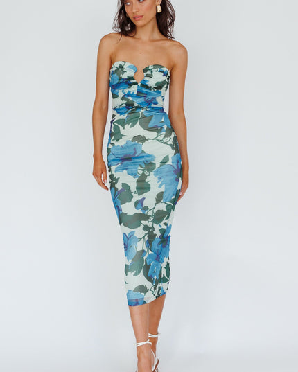 Blue Strapless Midi Dress Floral