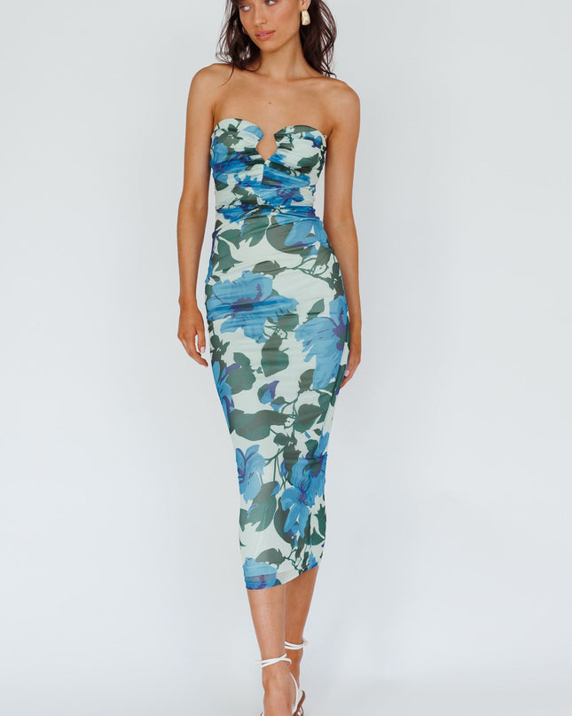Blue Strapless Midi Dress Floral