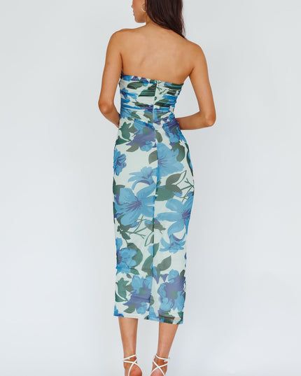 Blue Strapless Midi Dress Floral