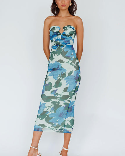 Blue Strapless Midi Dress Floral