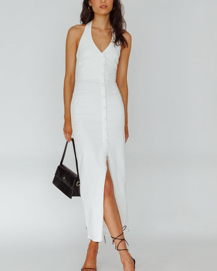 White Halterneck Button Maxi Dress