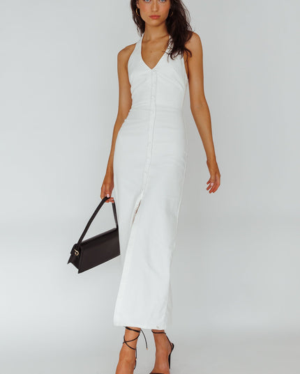 White Halterneck Button Maxi Dress