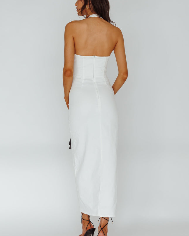 White Halterneck Button Maxi Dress