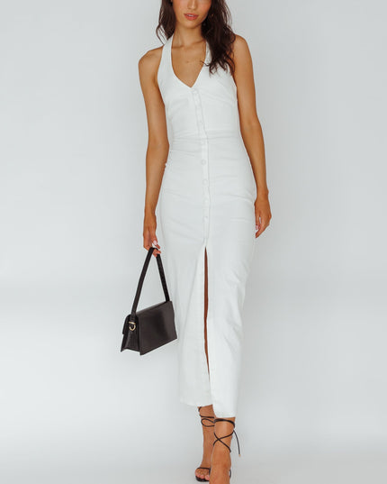 White Halterneck Button Maxi Dress
