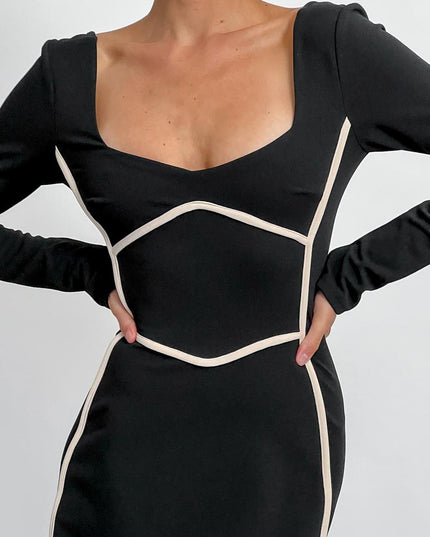 Black Long Sleeve Piping Midi Dress