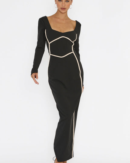 Black Long Sleeve Piping Midi Dress