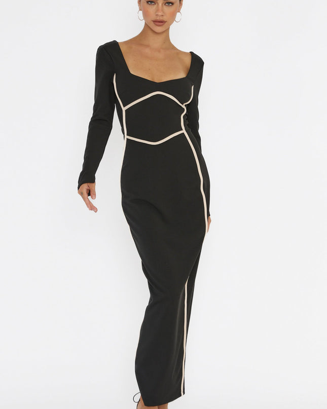 Black Long Sleeve Piping Midi Dress