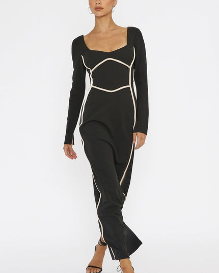 Black Long Sleeve Piping Midi Dress