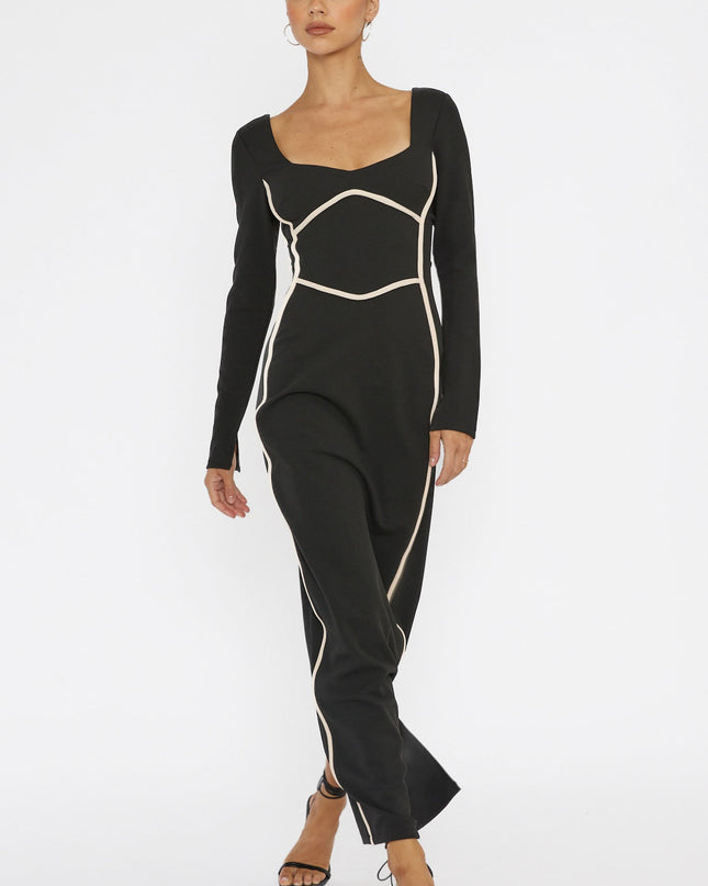 Black Long Sleeve Piping Midi Dress