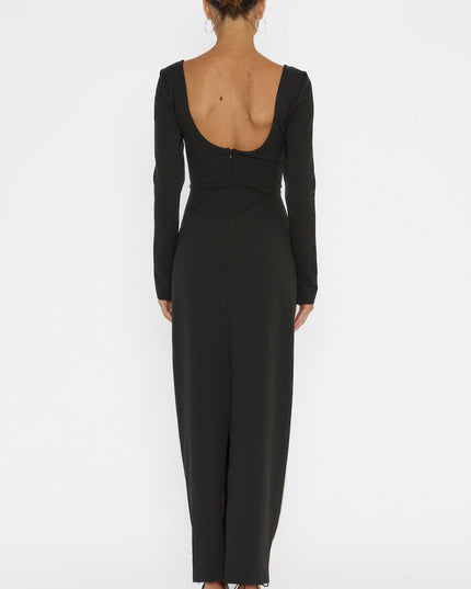 Black Long Sleeve Piping Midi Dress