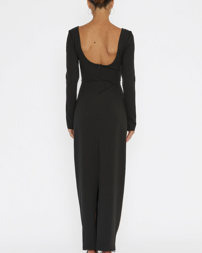 Black Long Sleeve Piping Midi Dress