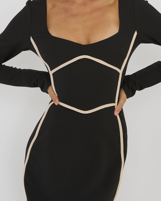 Black Long Sleeve Piping Midi Dress