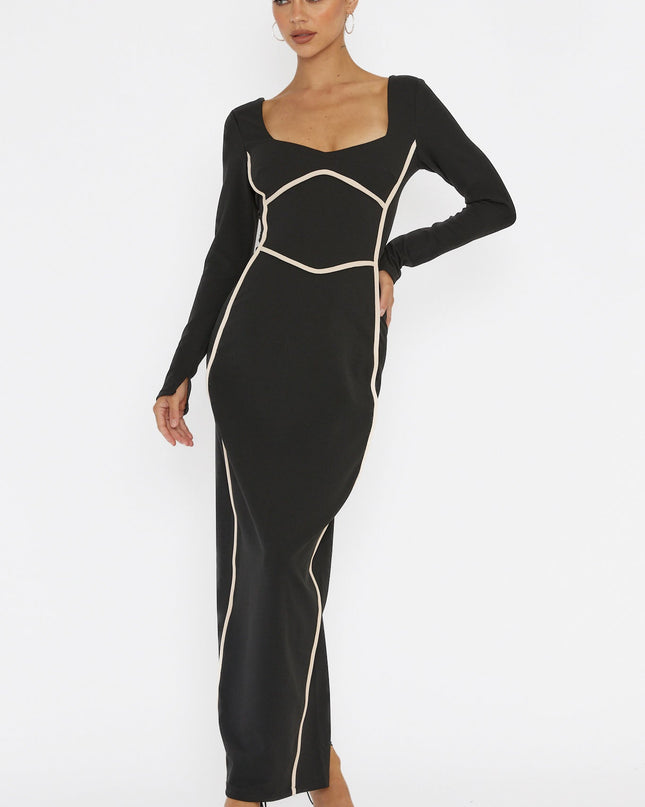 Black Long Sleeve Piping Midi Dress