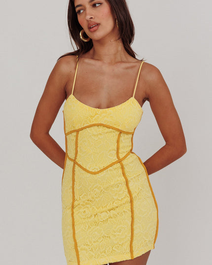 Yellow Trim Mini Dress Lace