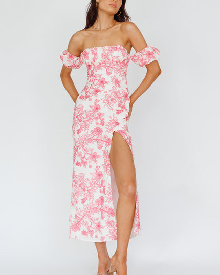 Pink Off-Shoulder Midi Dress Floral