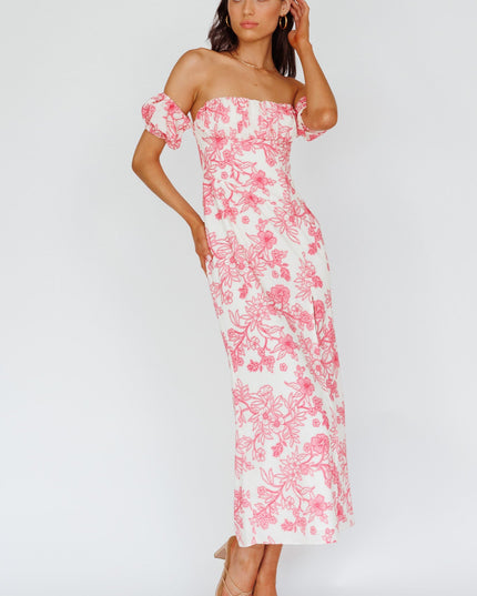 Pink Off-Shoulder Midi Dress Floral