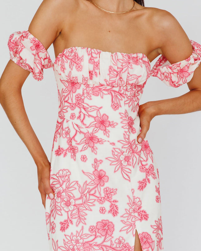 Pink Off-Shoulder Midi Dress Floral