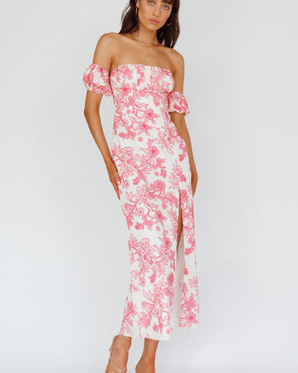 Pink Off-Shoulder Midi Dress Floral