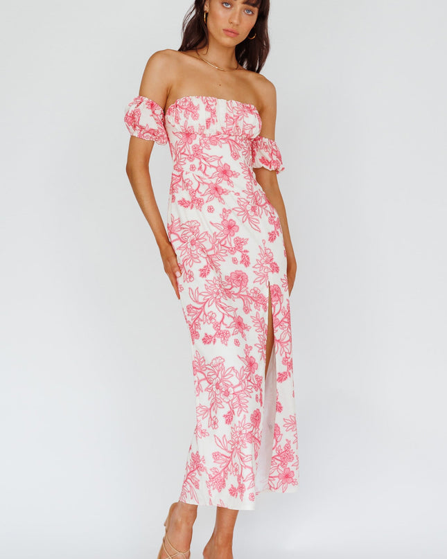 Pink Off-Shoulder Midi Dress Floral