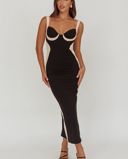 Black Contrast Bodycon Midi Dress