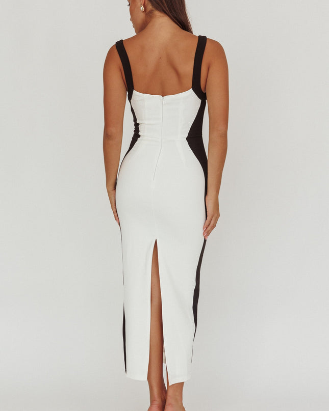 White Contrast Bodycon Midi Dress