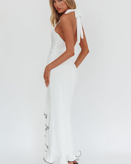 Off White Light Ruched Halterneck Maxi Dress