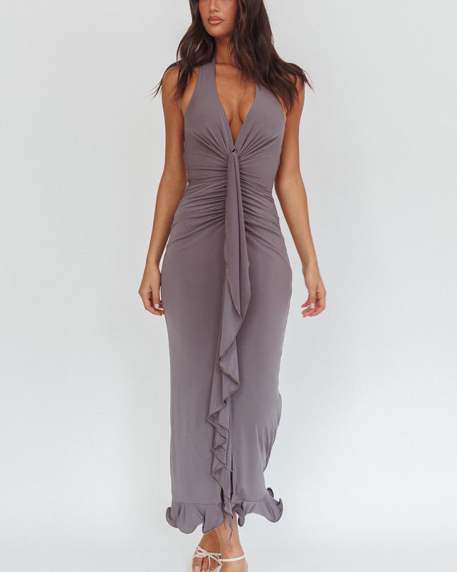 Taupe Light Ruched Halterneck Maxi Dress