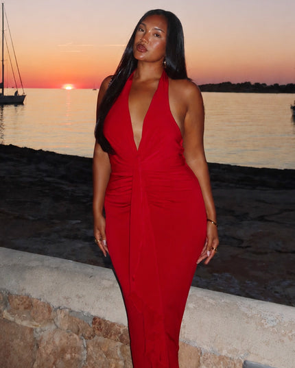 Wine Light Ruched Halterneck Maxi Dress