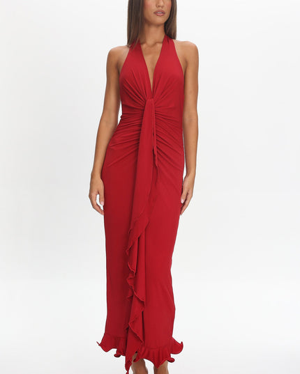 Wine Light Ruched Halterneck Maxi Dress