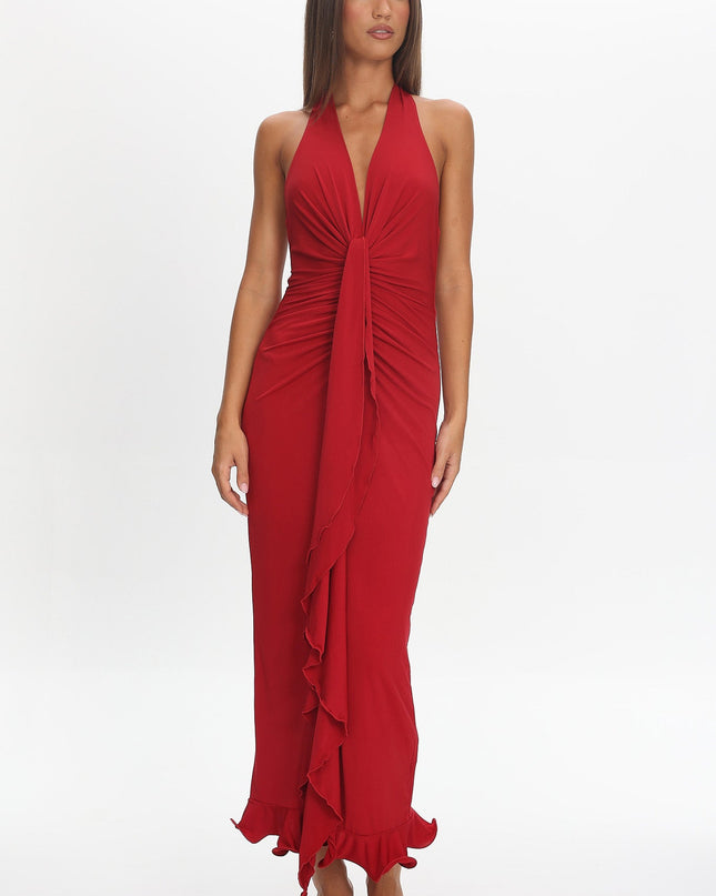 Wine Light Ruched Halterneck Maxi Dress