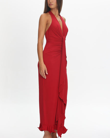 Wine Light Ruched Halterneck Maxi Dress