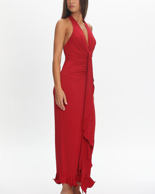 Wine Light Ruched Halterneck Maxi Dress