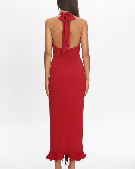 Wine Light Ruched Halterneck Maxi Dress