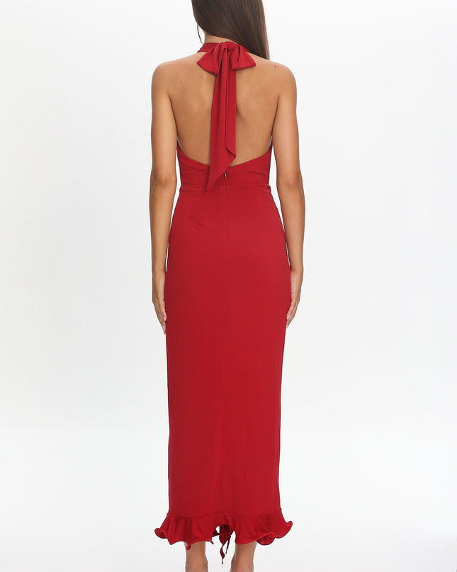 Wine Light Ruched Halterneck Maxi Dress