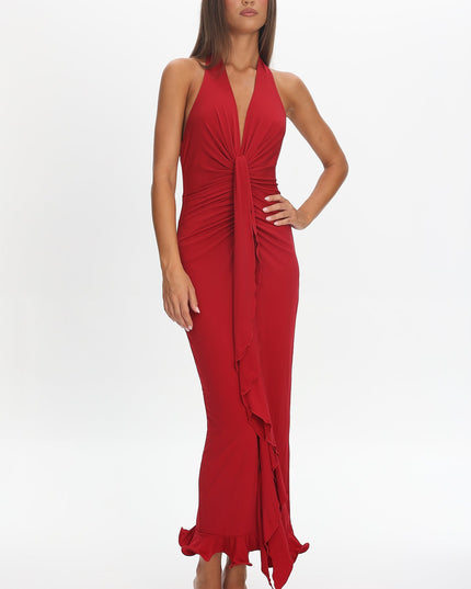 Wine Light Ruched Halterneck Maxi Dress