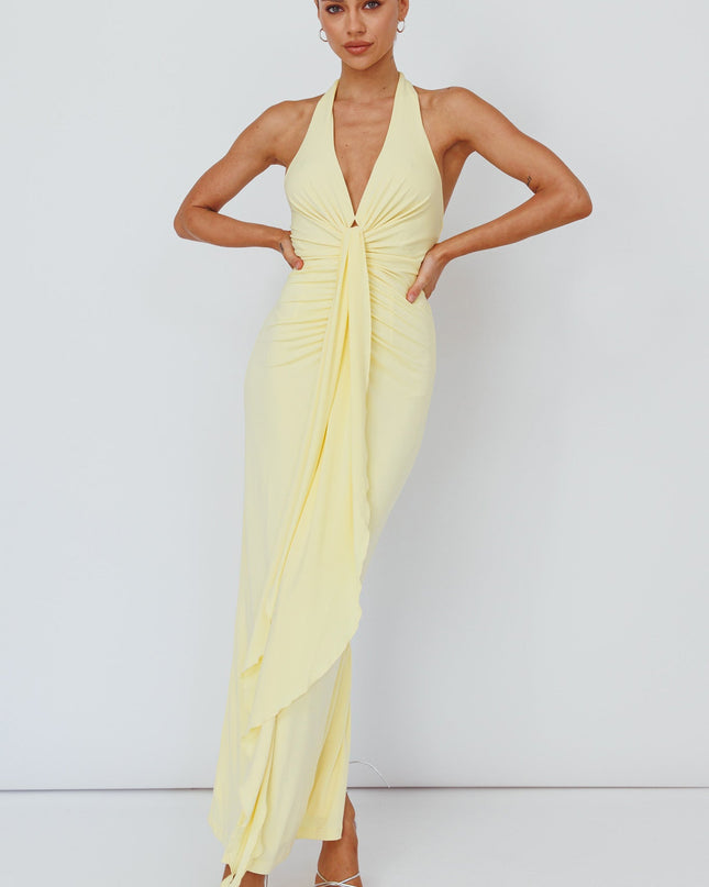 Lemon Light Ruched Halterneck Maxi Dress