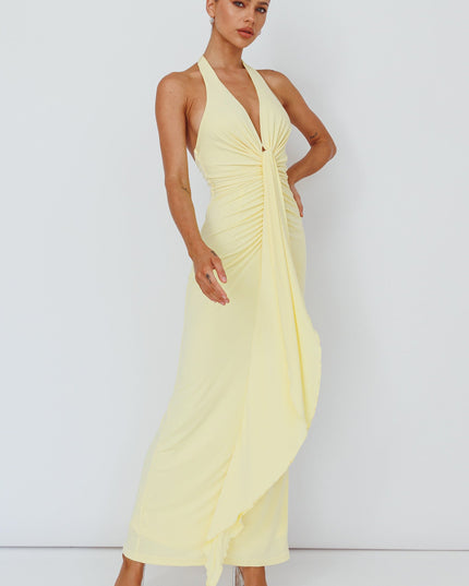 Lemon Light Ruched Halterneck Maxi Dress