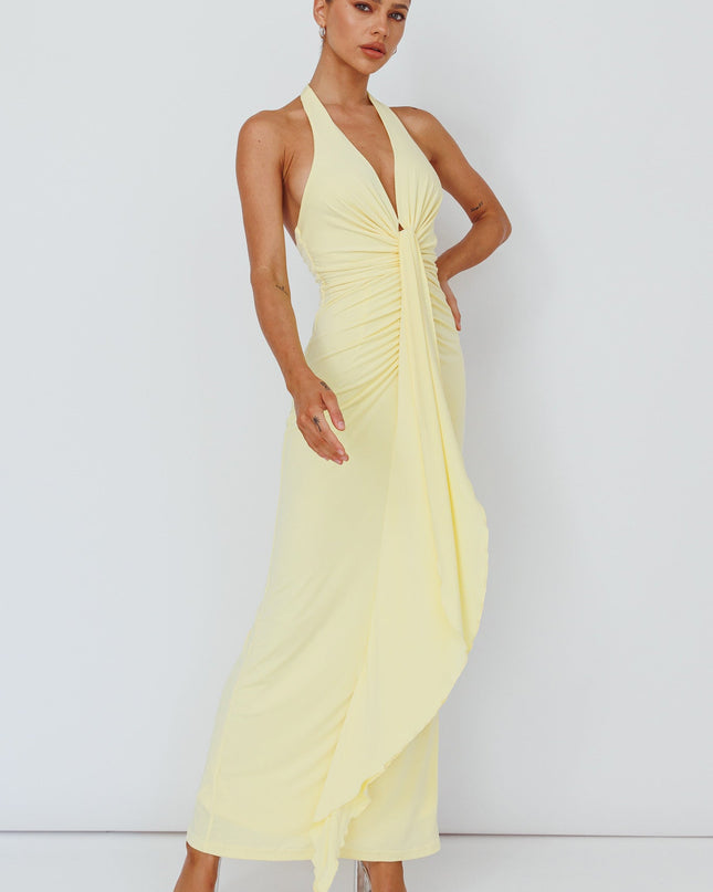 Lemon Light Ruched Halterneck Maxi Dress