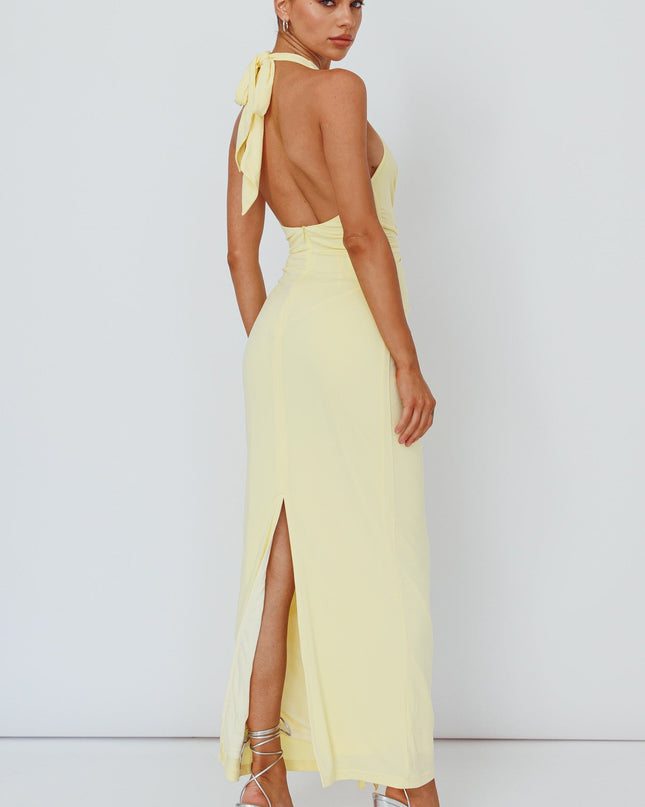 Lemon Light Ruched Halterneck Maxi Dress