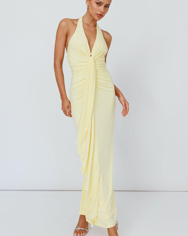 Lemon Light Ruched Halterneck Maxi Dress