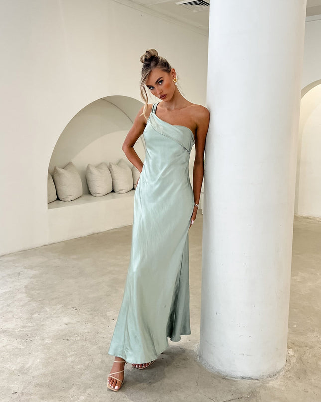 Sage One-Shoulder Sash Maxi Dress