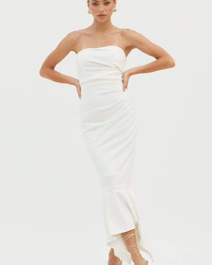 White Strapless Gathered Midi Dress