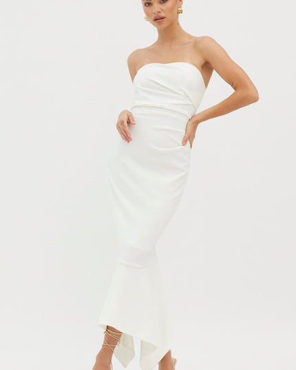 White Strapless Gathered Midi Dress