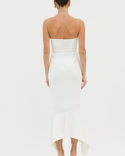 White Strapless Gathered Midi Dress