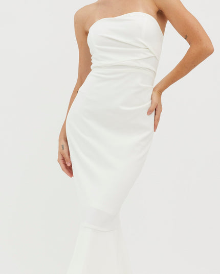 White Strapless Gathered Midi Dress