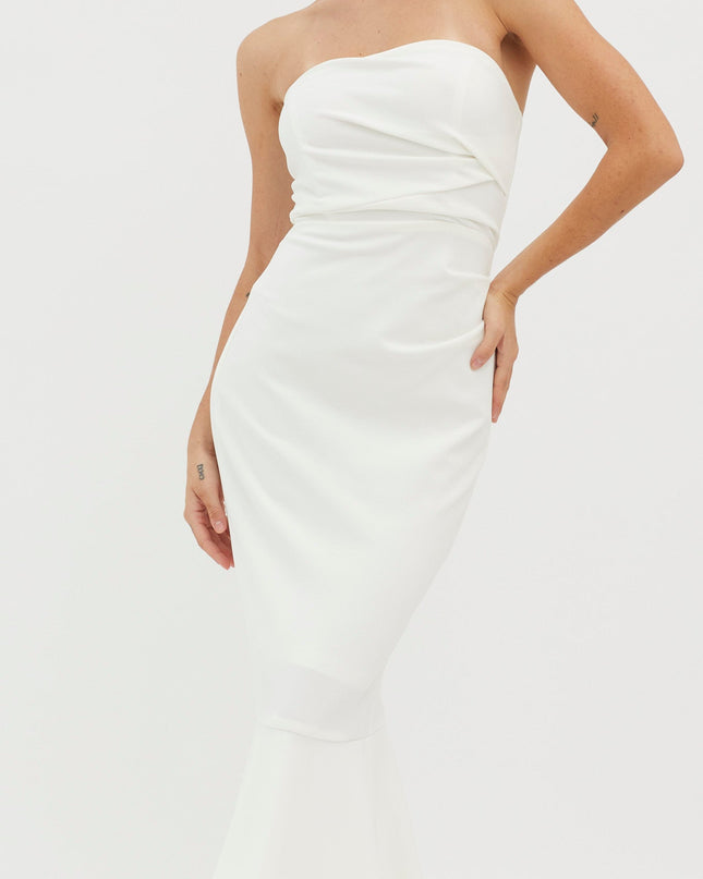 White Strapless Gathered Midi Dress