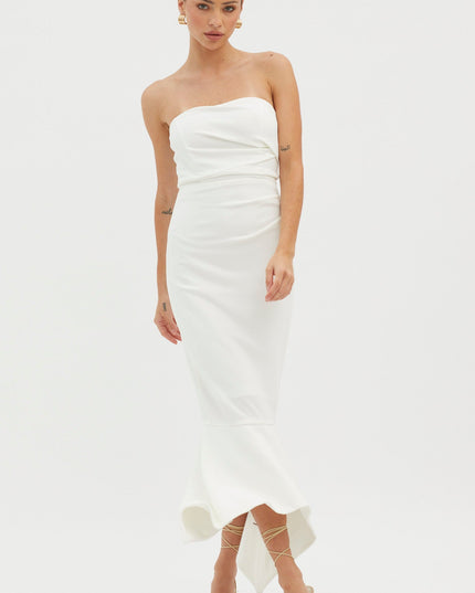 White Strapless Gathered Midi Dress